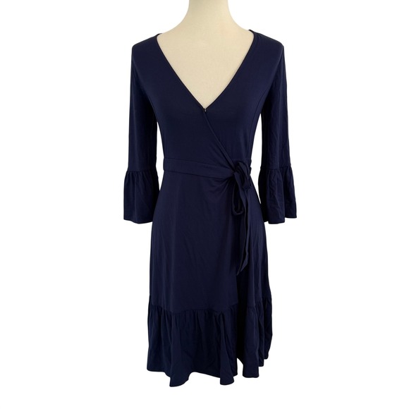 Lilly Pulitzer Dresses & Skirts - Lilly Pulitzer Navy Blue Ruffle Wrap Dress XS 3/4 Bell Sleeve V-Neck‎ Jersey